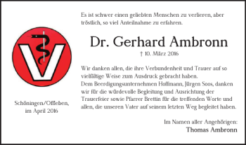 Traueranzeige von Dr. Gerhard Ambronn von Helmstedter Nachrichten