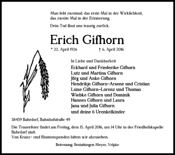 Traueranzeige von Erich Gifhorn von Helmstedter Nachrichten