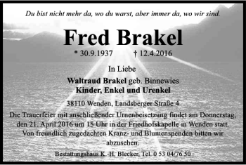 Traueranzeige von Fred Brakel von Braunschweiger Zeitung