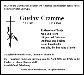 Traueranzeige von Gustav Cramme von Salzgitter Zeitung