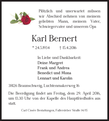 Traueranzeige von Karl Bernert von Braunschweiger Zeitung