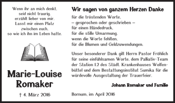 Traueranzeige von Marie-Louise Romaker von Braunschweiger Zeitung