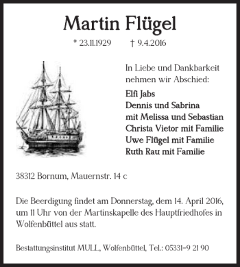 Traueranzeige von Martin Flügel von Wolfenbütteler Zeitung