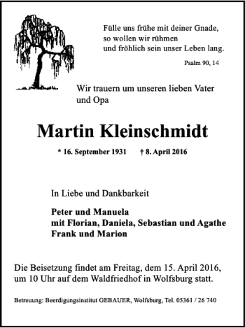 Traueranzeige von Martin Kleinschmidt von Wolfsburger Nachrichten