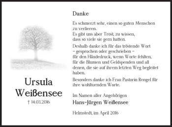 Traueranzeige von Ursula Weißensee von Helmstedter Nachrichten