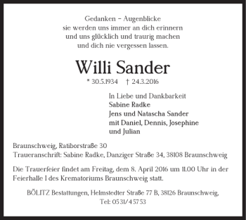 Traueranzeige von Willi Sander von Braunschweiger Zeitung