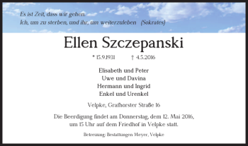 Traueranzeige von Ellen Szczepanski von Helmstedter Nachrichten