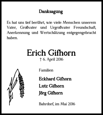 Traueranzeige von Erich Gifhorn von Helmstedter Nachrichten