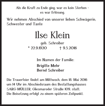 Traueranzeige von Ilse Klein von Braunschweiger Zeitung