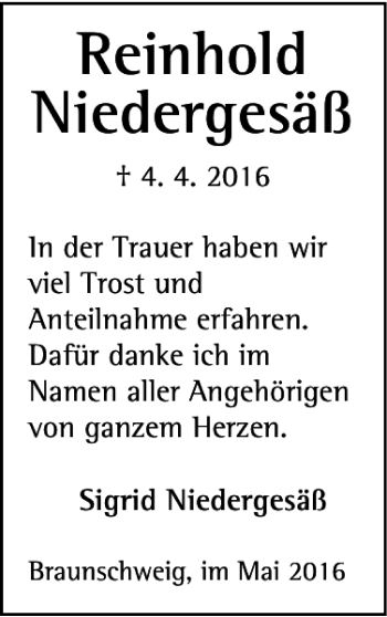 Traueranzeige von Reinhold Niedergesäß von Braunschweiger Zeitung