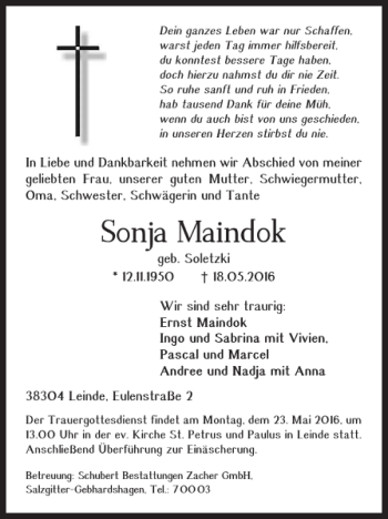 Traueranzeige von Sonja Maindok von Salzgitter Zeitung