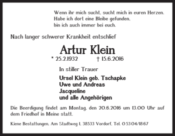 Traueranzeige von Artur Klein von Braunschweiger Zeitung