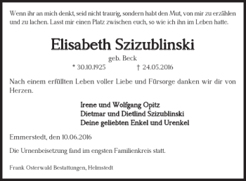 Traueranzeige von Elisabeth Szizublinski von Helmstedter Nachrichten