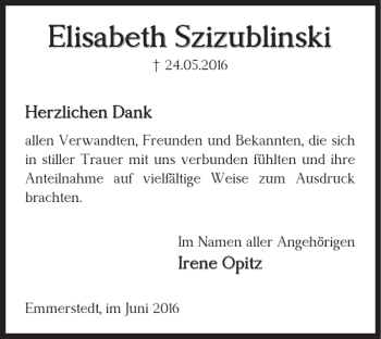 Traueranzeige von Elisabeth Szizublinski von Helmstedter Nachrichten