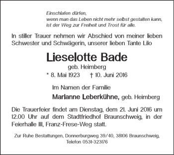 Traueranzeige von Lieselotte Bade von Braunschweiger Zeitung