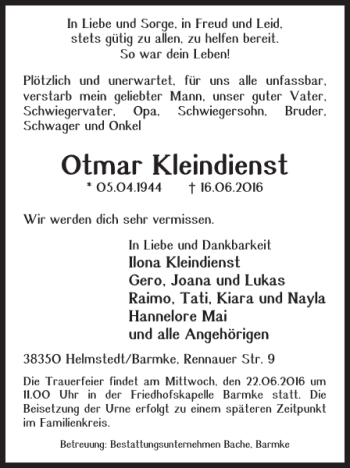 Traueranzeige von Otmar Kleindienst von Helmstedter Nachrichten