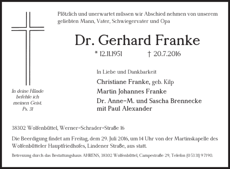 Traueranzeigen von Dr. Gerhard Franke | trauer38.de