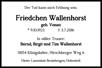 Traueranzeige von Friedchen Wallenhorst von Helmstedter Nachrichten