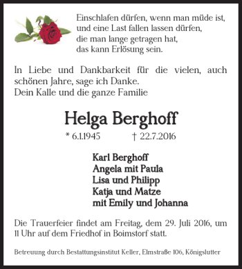 Traueranzeige von Helga Berghoff von Helmstedter Nachrichten