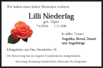 Traueranzeige von Lilli Niederlag von Helmstedter Nachrichten