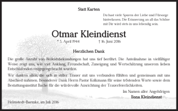 Traueranzeige von Otmar Kleindienst von Helmstedter Nachrichten