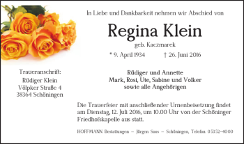 Traueranzeige von Regina Klein von Helmstedter Nachrichten