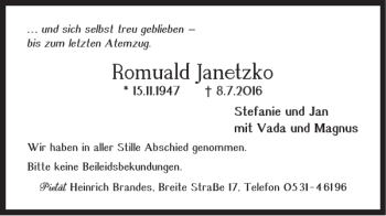 Traueranzeige von Romuald Janetzko von Braunschweiger Zeitung