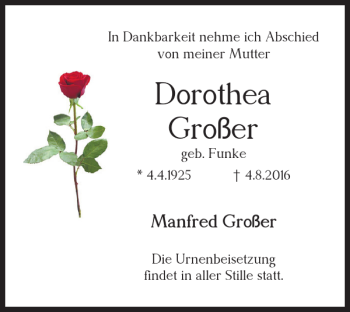 Traueranzeige von Dorothea Großer von Salzgitter Zeitung