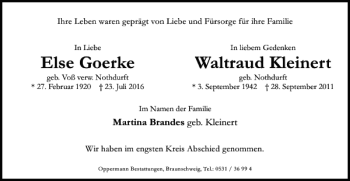 Traueranzeige von Else Goerke Waltraud Kleinert von Braunschweiger Zeitung