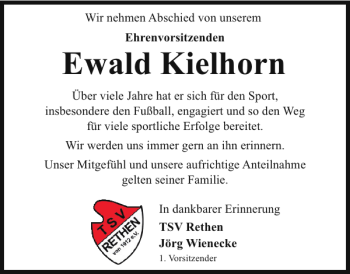 Traueranzeige von Ewald Kielhorn von Wolfsburger Nachrichten