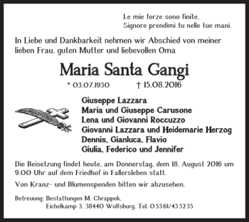 Traueranzeige von Maria Santa Gangi von Wolfsburger Nachrichten