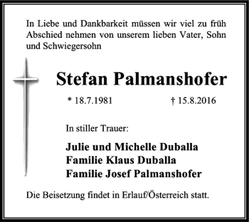 Traueranzeige von Stefan Palmanshofer von Peiner Nachrichten