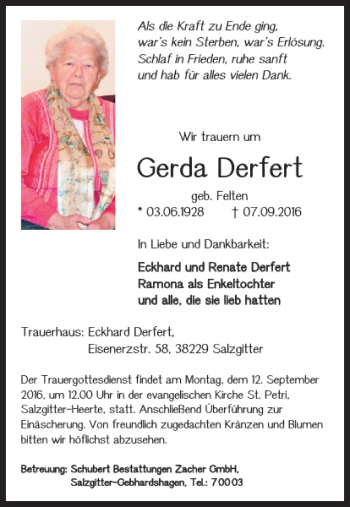 Traueranzeige von Gerda Derfert von Salzgitter Zeitung