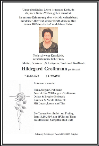 Traueranzeige von Hildegard Großmann geb. Holczeck von Salzgitter Zeitung