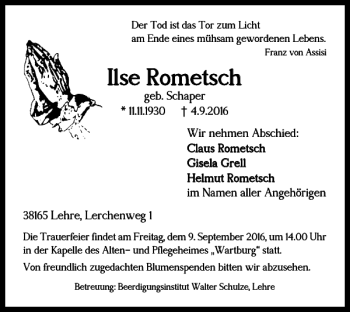 Traueranzeige von Ilse Rometsch von Helmstedter Nachrichten