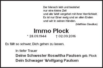 Traueranzeige von Immo Plock von Braunschweiger Zeitung