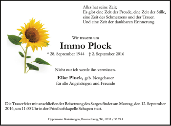 Traueranzeige von Immo Plock von Braunschweiger Zeitung