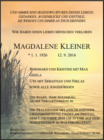 Traueranzeige von MAGDALENE KLEINER von Wolfsburger Nachrichten