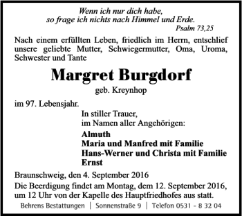 Traueranzeige von Margret Burgdorf von Braunschweiger Zeitung