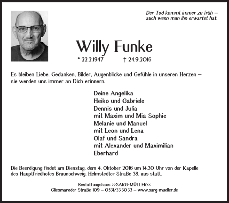  Traueranzeige für Willy Funke vom 28.09.2016 aus Braunschweiger Zeitung