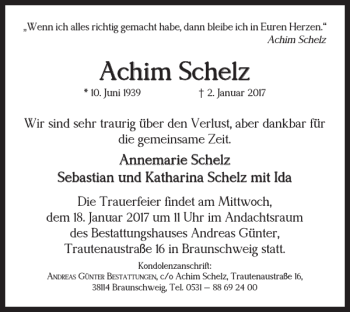 Traueranzeige von Achim Schelz von Braunschweiger Zeitung