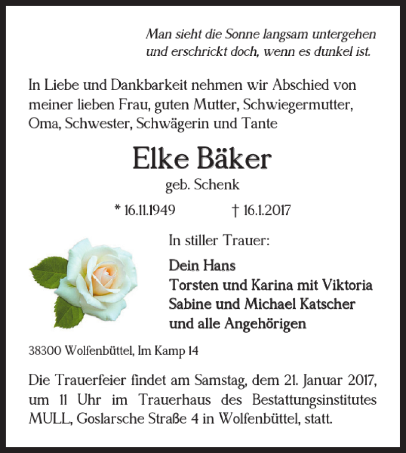 Traueranzeigen Von Elke Bäker | Trauer38.de