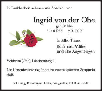 Traueranzeige von Ingrid Von Der Ohe von Helmstedter Nachrichten