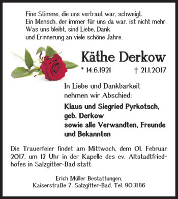 Traueranzeige von Kãthe Derkow von Salzgitter Zeitung