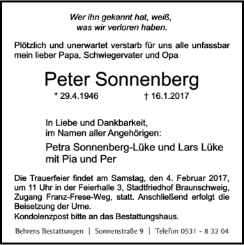 Traueranzeige von Peter Sonnenberg von Braunschweiger Zeitung