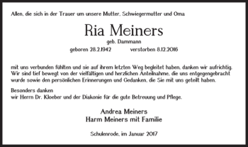 Traueranzeige von Ria Meiners von Braunschweiger Zeitung