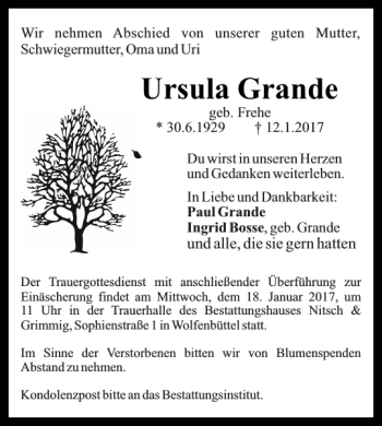 Traueranzeige von Ursula Grande von Wolfenbütteler Zeitung