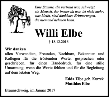 Traueranzeige von Willi Elbe von Braunschweiger Zeitung