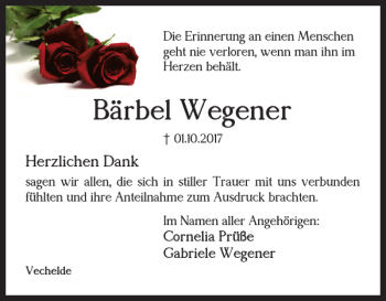 Traueranzeige von Bärbel Wegener von Braunschweiger Zeitung