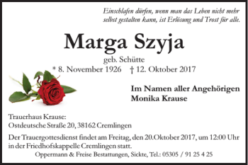 Traueranzeige von Marga Szyja von Helmstedter Nachrichten